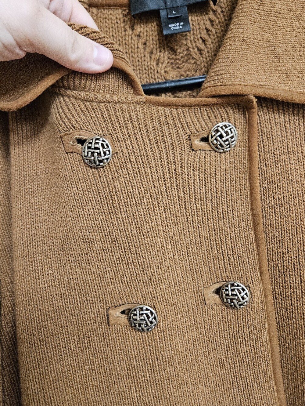 St. John Cashmere Wool Double Breasted Knit Sweater Cardigan Suede Large Tan - Picture 5 of 9